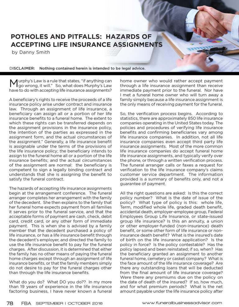 Potholes and pitfalls Hazards of Life Insurance Assignments