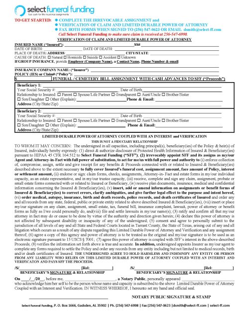 select funeral funding, verification form, power of attorney